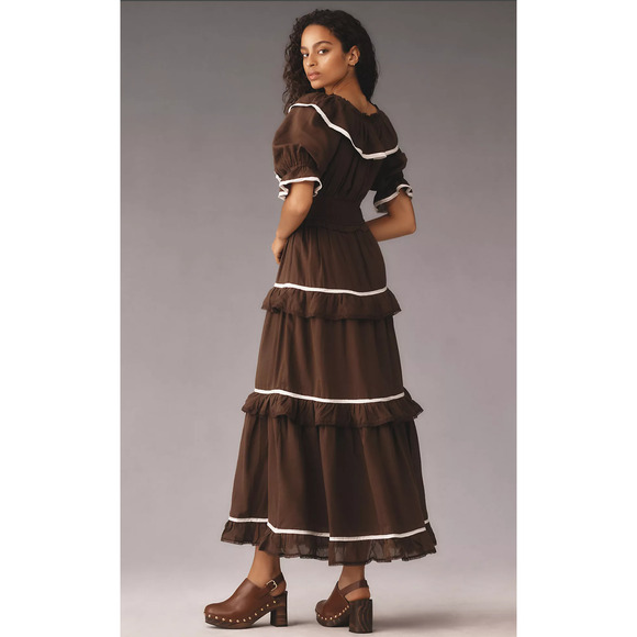 Anthropologie Dresses & Skirts - NWT Anthropologie Puff-Sleeve Brown Tiered Maxi Dress - Small